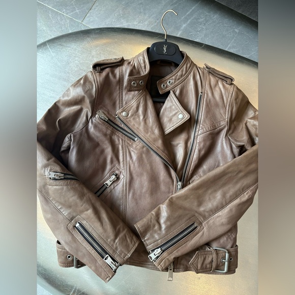 AllSaints Lamb Leather Biker Jacket Natural Pointed Collar Padded Inside US 10 - Picture 3 of 16